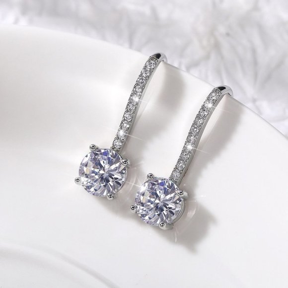 🎀 White Crystal CZ Dangle Earrings for Women Imitate Zircon Drop, HA4516 - Picture 3 of 6